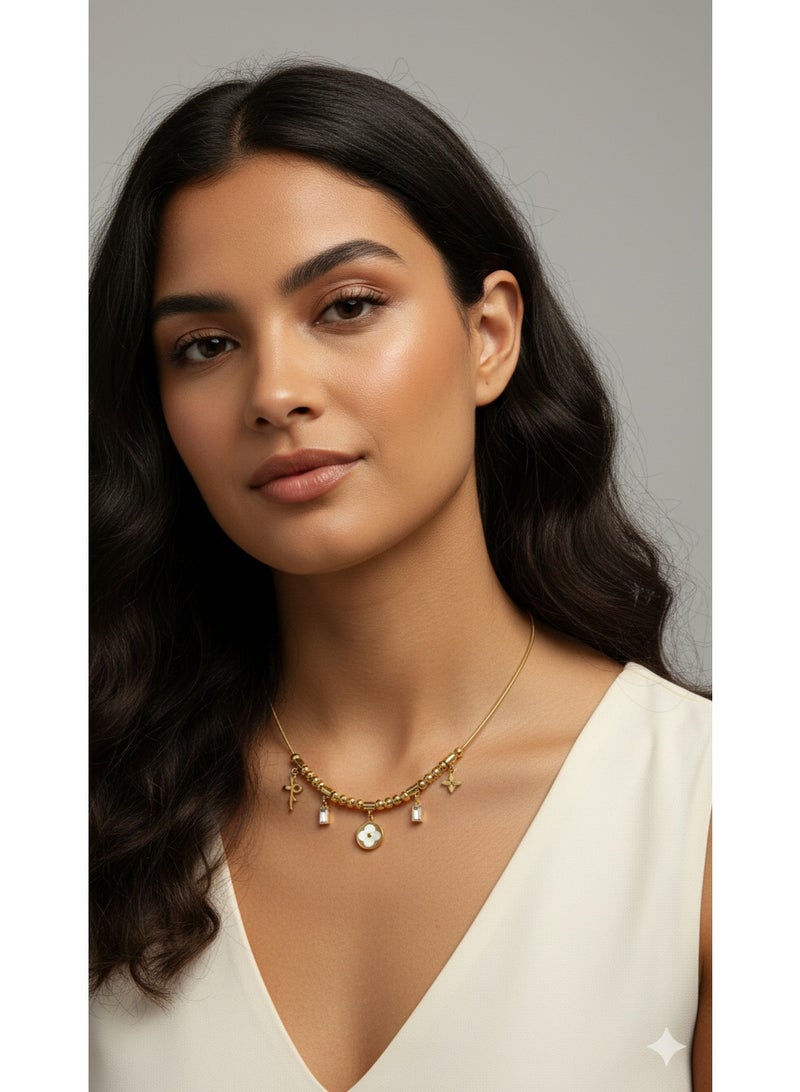 ورد سلسلة ذهبية أنيقة بدلايات متعددة وفصوص زيركون - ستانلس ستيل عالي الجودة - مناسبة للهدايا. - Image 2